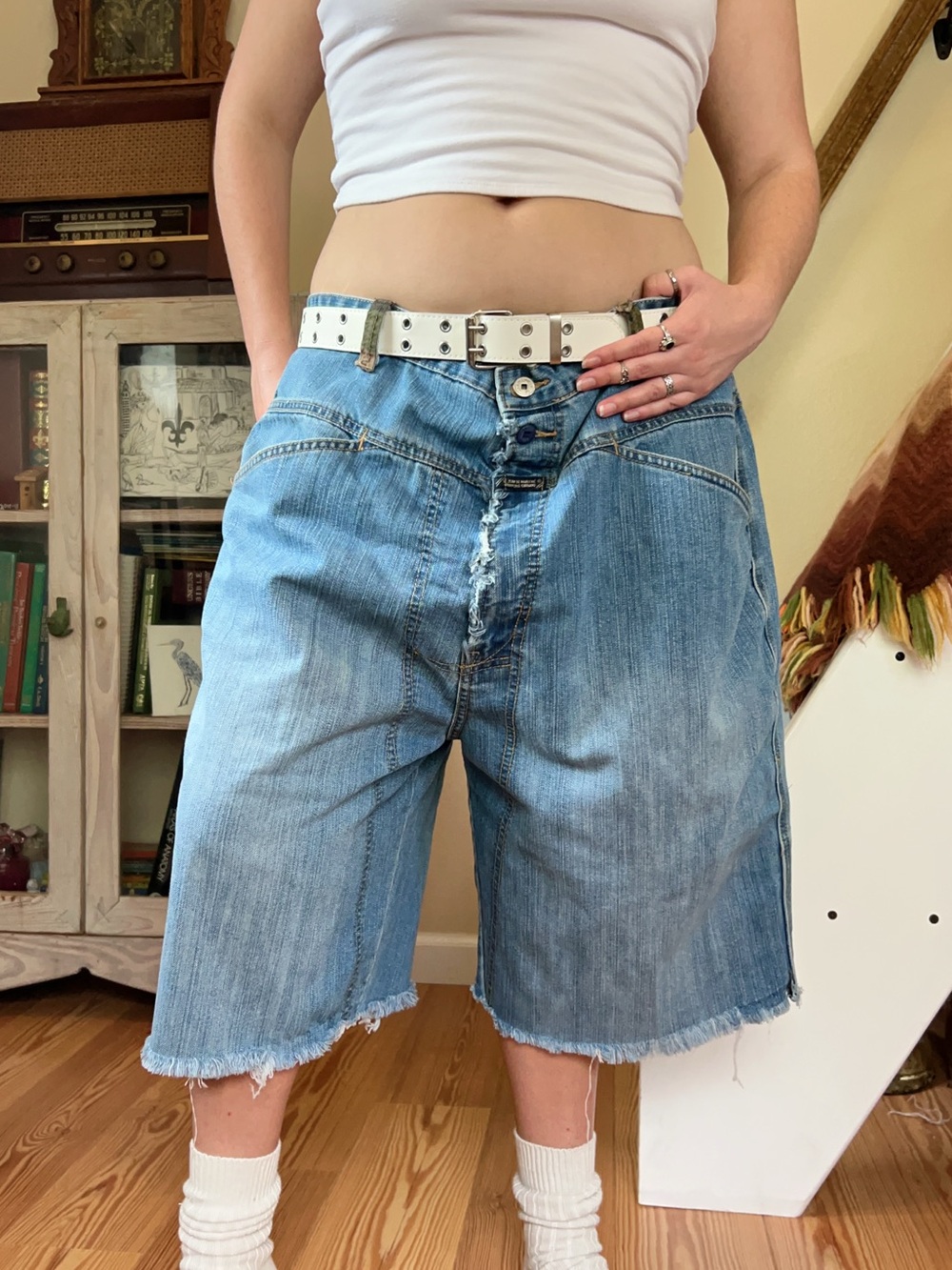 Marithe Francois Girbaud Cut off Baggy Jean Short Camo Accents Skater Grunge